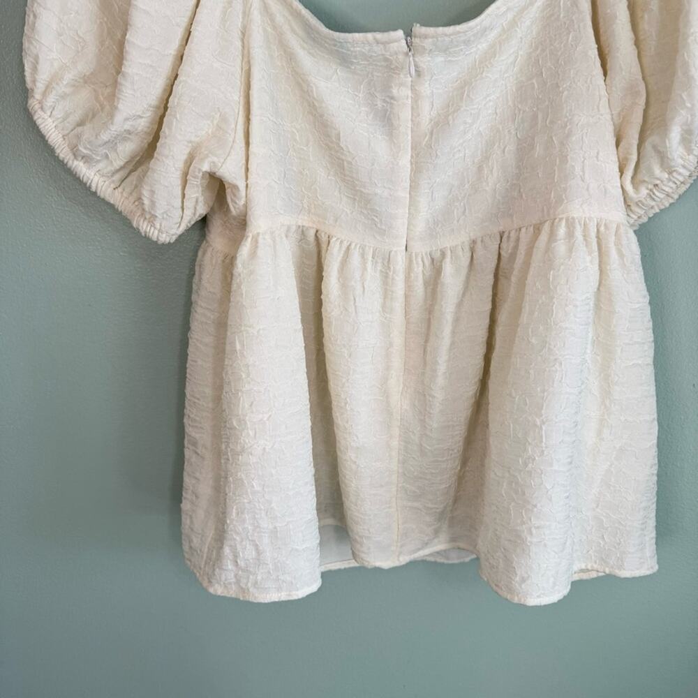 Future Collective Textured Knit Square Tie Neck Puff Sleeve Top Cream XXL Plus - Picture 7 of 11
